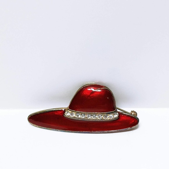 Vintage Red Hat Society Enamel Brooch 2" Red & Gold w/ Rhinestone Band Pin (jb3) - Picture 4 of 5